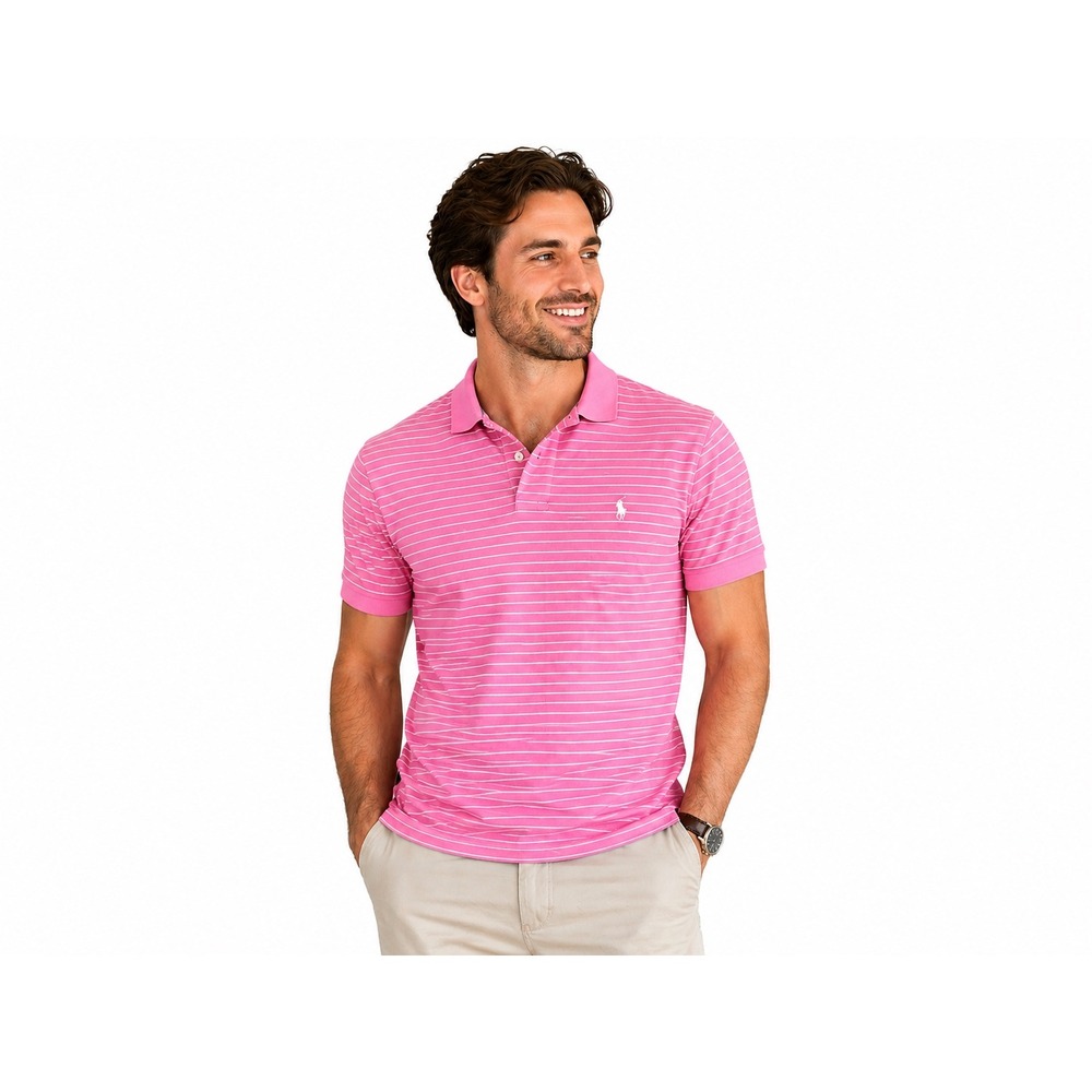 Polo Ralph Lauren Men's‎ XL Polo Shirt Pink White Striped Short Sleeve Pony Logo